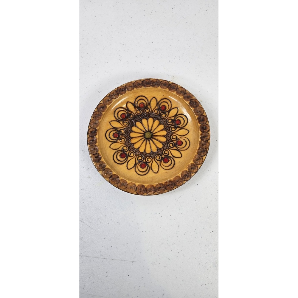 Vintage Hand Carved Polish Wooden Folk Art Plate Floral 5.5" Krakow Poland